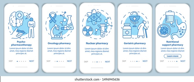 Pharmacy branch onboarding mobile app page screen with linear concepts. Nuclear and oncology drug research. Support medicine. Five walkthrough steps graphic instructions. UX, UI, GUI vector template