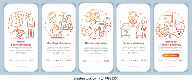 Pharmacy branch onboarding mobile app page screen vector template. Nuclear and oncology drug research. Walkthrough website steps with linear illustrations. UX, UI, GUI smartphone interface concept
