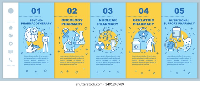 Pharmacy branches onboarding mobile web pages vector template. Nuclear drug. Responsive smartphone website interface idea with linear illustrations. Webpage walkthrough step screens. Color concept 