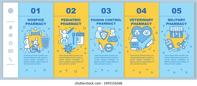 Pharmacy branches onboarding mobile web pages vector template. Hospice medicine. Responsive smartphone website interface idea with linear illustrations. Webpage walkthrough step screen. Color concept