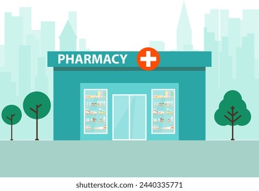 Pharmacy building against the backdrop of the city silhouette. Pharmacy icon on metropolis background. Vector, design illustration. Vector.