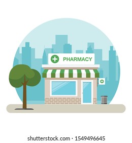 Pharmacy building in a big city. Vector illustration