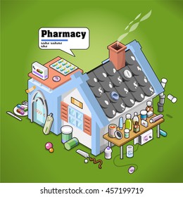 Pharmacy building decorated with lots of pills, medication and band-aid. AR description in speech bubble  (isometric view)