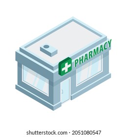 Pharmacy building exterior with green sign isometric icon on white background vector illustration