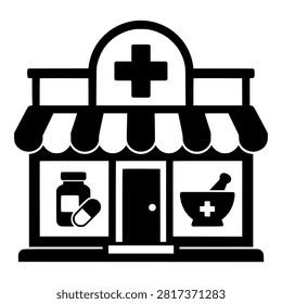 Pharmacy Building Icon with Cross Sign, Awning, Medicine Bottle and Mortar Pestle Display for Chemist Shop