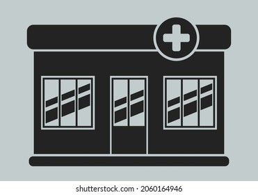 Pharmacy building icon. The facade of the pharmacy is black. Vector, cartoon illustration. Vector.