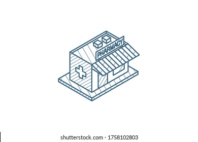 pharmacy building isometric icon. 3d vector illustration. Isolated line art technical drawing. Editable stroke