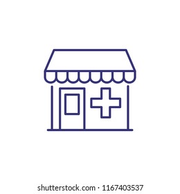 Pharmacy building line icon. Hospital, clinic, medical station. Medicine concept. Vector illustration can be used for topics like healthcare, city infrastructure, service