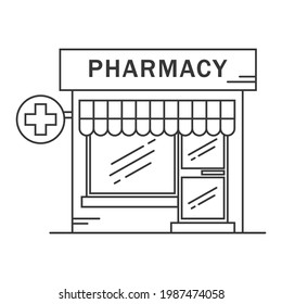 Pharmacy building line medicine concept. Architectural form can be used for website design, infographics and as an icon. Vector illustration isolated on white background.