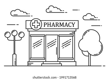 Pharmacy building line medicine concept. Architectural form can be used for website design, infographics. Vector illustration isolated on white background.