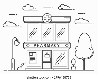 Pharmacy building line medicine concept. Architectural form can be used for website design, infographics. Vector illustration isolated on white background.