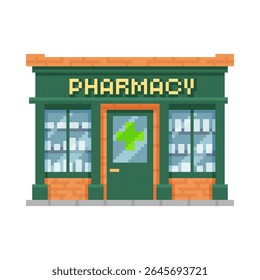 Pharmacy building pixel art icon. Cartoon pixelated medicine store office. Vector illustration isolated. Government health care service construction design element for 8 bit retro video games