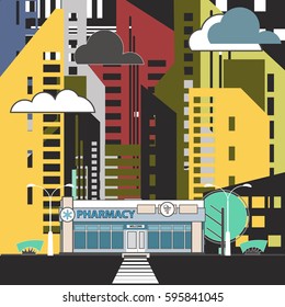 Pharmacy building, trees, shrubs, sky and clouds in a flat style and muted colors