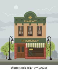 Pharmacy building. Vector flat illustration