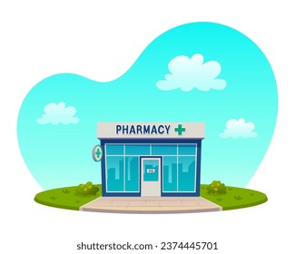 Construcción de farmacias, ilustración vectorial aislada en blanco