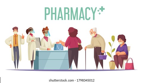 Pharmacy business concept with medicine and healthcare symbols flat vector illustration