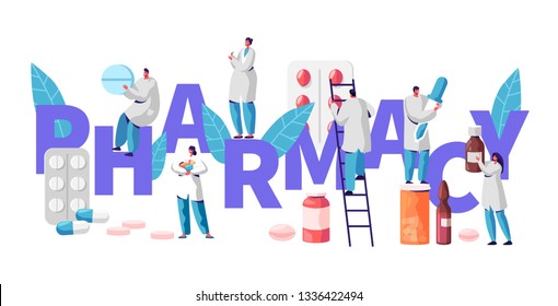 Pharmacy Business Drug Store Industry Banner with Characters. Pharmacist Cure Patient. Professional Drugstore Product. Healthcare Industry Vitamin Pill. Flat Cartoon Vector Illustration