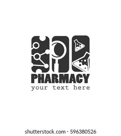 Pharmacy Business Logo with DNA, Magnifying Glass and Laboratory Bottle Icon Symbol