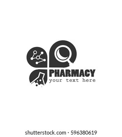 Pharmacy Business Logo with DNA, Magnifying Glass and Laboratory Bottle Icon Symbol