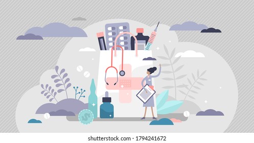 Pharmacy business with medical drug pills for disease tiny persons concept. Healthcare industry as prescription, vaccines and capsule producer vector illustration. Abstract hospital and nurse scene.