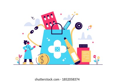 Pharmacy business with medical drug pills for disease tiny persons concept. Healthcare industry as prescription, vaccines and capsule producer vector illustration. Abstract hospital and nurse scene.
