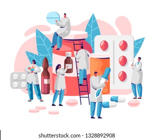 Pharmacy Business Medicine Drug Store Character. Pharmacist Care for Patient. Professional Pharmaceutical Science. Online Pill Drugstore Infographic Background. Flat Cartoon Vector Illustration