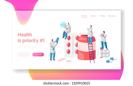 Pharmacy Business Medicine Drug Store Landing Page. Pharmacist Care for Patient. Pharmaceutical Science. Online Drugstore Infographic Background Website or Web Page. Flat Cartoon Vector Illustration