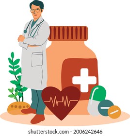 Pharmacy Business Medicine Drug Store Character. Pharmacist Care for Patient. Professional Pharmaceutical Science. Online Pill Drugstore Infographic Background. Flat Cartoon Vector Illustration