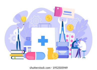 Pharmacy business, vector illustration. Flat doctor character use pharmaceutical treatment concept, pharmacist with medication prescription.