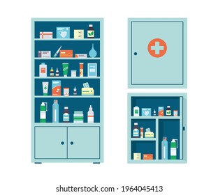 Pharmacy Cabinet And Medicine Wall Chest Full Of Drugs, Pills And Bottles. Pharmacy Shelves. Metal Open And Closed Medical Cabinet. Vector Illustration In Flat Style On White Background.