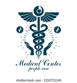 Pharmacy Caduceus icon, medical logo created with heart shape and electrocardiogram chart symbol. Cardiology diagnosis clinic emblem for use in medicine and rehabilitation.