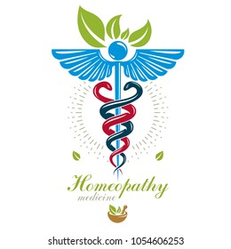 Pharmacy Caduceus icon, vector medical logo for use in holistic medicine, rehabilitation or pharmacology. Homeopathy creative symbol composed with mortar and pestle.