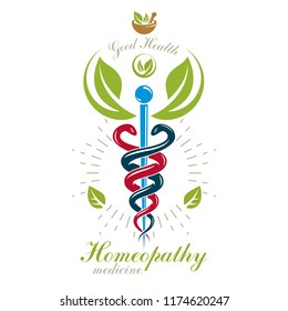 Pharmacy Caduceus icon, vector medical logo for use in holistic medicine, rehabilitation or pharmacology. Homeopathy creative symbol composed with mortar and pestle.