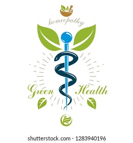 Pharmacy Caduceus icon, vector medical logo for use in holistic medicine, rehabilitation or pharmacology. Homeopathy creative symbol composed with mortar and pestle.