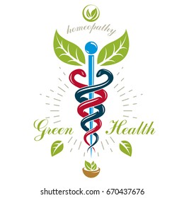 Pharmacy Caduceus icon, vector medical logo for use in holistic medicine, rehabilitation or pharmacology. Homeopathy creative symbol composed with mortar and pestle.