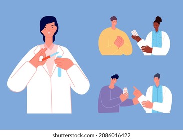 Pharmacy characters. People buy pills or medication. Medical lab research, scientist doing drugs. Healthcare vector set