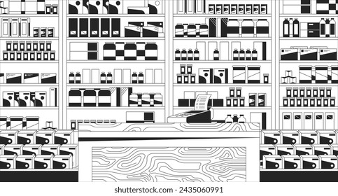 Pharmacy checkout counter black and white line illustration. Medication display 2D interior monochrome background. Pills drug store. Cabinet medicine. Pharmaceuticals shop outline scene vector image