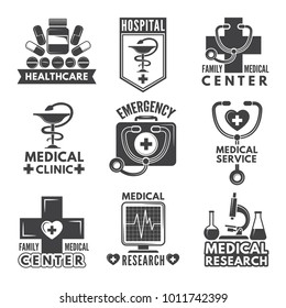 Pharmacy, chemistry or medicine labels set. Vector monochrome logos template. Medical emblem hospital, logo and label ambulance illustration