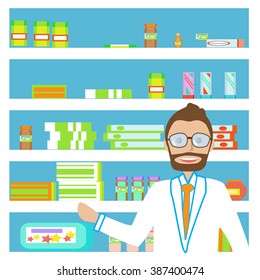 Pharmacy, clinic with doctors. The pharmacist, doctor. First aid kit, medicines, vitamins, medical cabinet. Shelves with medicines. Outpatient clinic, medical center, CÂ�linic, hospital. 