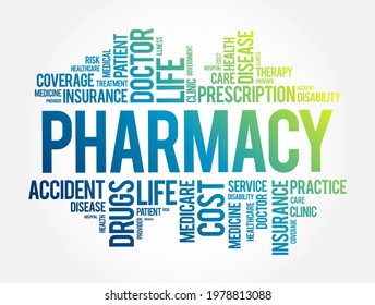 Pharmacy - clinical health science that links medical science with chemistry, word cloud concept background