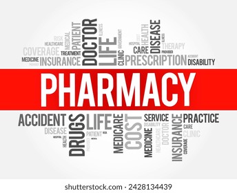 Pharmacy - clinical health science that links medical science with chemistry, word cloud concept background