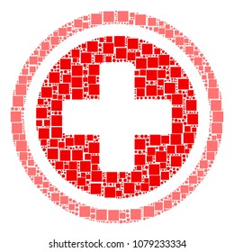 Pharmacy collage icon of square shapes and circle particles in different sizes. Vector items are scattered into pharmacy collage design concept.