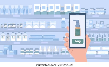 Pharmacy collection. Smartphone with online shop. Blue, white colors. Various drugs, pills. Health and medical care. Hospital or clinic drugstore interior. Pharmaceutical business. Vector illustration