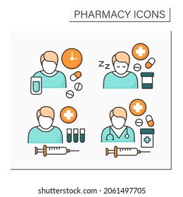 Pharmacy Color Icons Set. Antibiotic Management,dosage, Drug Therapy, Side Effects. Healthcare Concept. Isolated Vector Illustrations