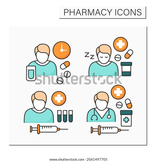 Pharmacy color icons set. Antibiotic\
management,dosage, drug therapy, side effects. Healthcare concept.\
Isolated vector\
illustrations