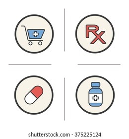 Pharmacy color icons set. Drugstore cart with cross and medicine pill. Medical prescription and tablets bottle. Treatment pharmaceutical items. Logo concepts. Vector isolated illustrations
