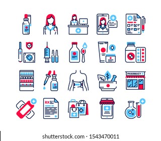 Pharmacy color icons set. Medical clinic communication with patient and medicaments. Signs for web page, mobile app, banner. Pictograms UI/UX user interface. Vector clipart. Editable stroke. 