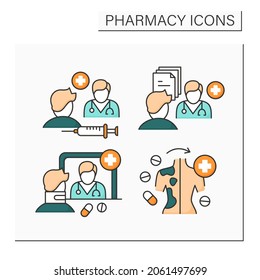 Pharmacy color icons set.Community pharmacy, efficacy, specialty drugs, pharmaceutical care. Healthcare concept. Isolated vector illustrations