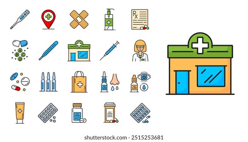 Pharmacy color line icons, vector medicine and health care. Drugs, medicines and pills outline symbols, vitamin bottle, doctor prescription, syringe and vaccine, capsule, pharmacist, pharmacy building