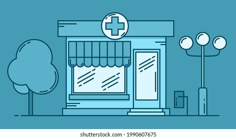 Pharmacy colored building line medicine concept. Architectural form can be used for website design, infographics. Vector illustration on blue background.